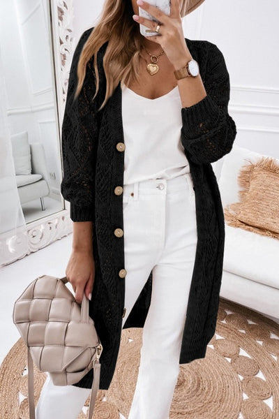 Shop Eyelet Long Sweater Cardigan-Lightweight eyelet knit long cardigan with button front and relaxed sleeves. Perfect for layering—casual, chic, and breathable.-available at Reef Love online boho-chic boutique