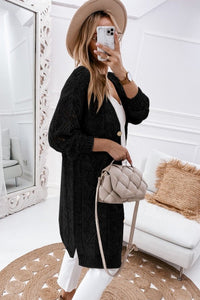Shop Eyelet Long Sweater Cardigan-Lightweight eyelet knit long cardigan with button front and relaxed sleeves. Perfect for layering—casual, chic, and breathable.-available at Reef Love online boho-chic boutique