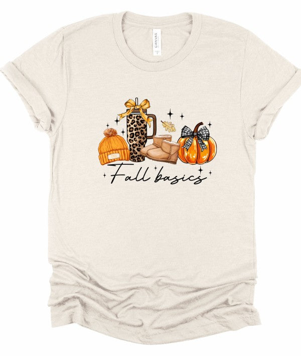 Fall Basics Graphic Tee-Fall Basics Graphic Tee. Cozy Bella + Canvas unisex shirt featuring fall icons: beanie, leopard tumbler, UGG boots & pumpkin. Soft cotton tee perfect for autumn layering.-Reef Love