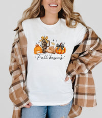 Fall Basics Graphic Tee-Fall Basics Graphic Tee. Cozy Bella + Canvas unisex shirt featuring fall icons: beanie, leopard tumbler, UGG boots & pumpkin. Soft cotton tee perfect for autumn layering.-Reef Love