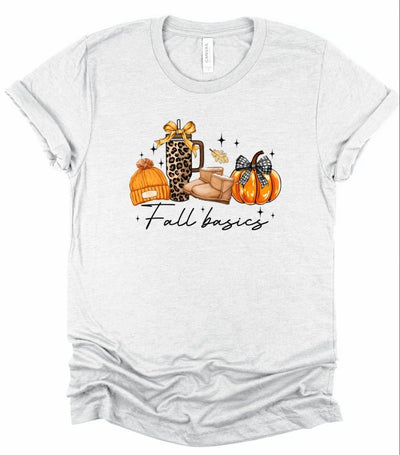 Fall Basics Graphic Tee-Fall Basics Graphic Tee. Cozy Bella + Canvas unisex shirt featuring fall icons: beanie, leopard tumbler, UGG boots & pumpkin. Soft cotton tee perfect for autumn layering.-Reef Love