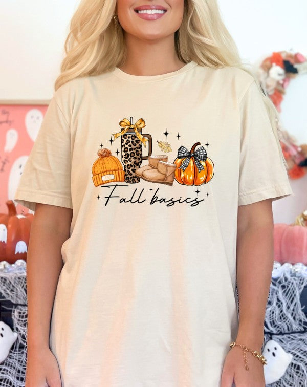 Fall Basics Graphic Tee-Fall Basics Graphic Tee. Cozy Bella + Canvas unisex shirt featuring fall icons: beanie, leopard tumbler, UGG boots & pumpkin. Soft cotton tee perfect for autumn layering.-Reef Love