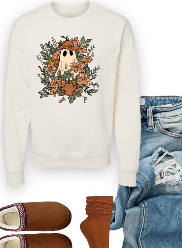 Fall Floral Ghost Graphic Sweatshirt-Floral Ghost Crewneck Sweatshirt. Cute ghost graphic with florals and pumpkins on soft cotton-poly fleece. Cozy unisex sweatshirt for whimsical fall & Halloween style.-Reef Love