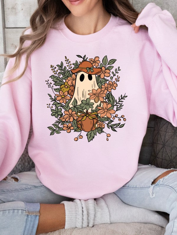 Fall Floral Ghost Graphic Sweatshirt-Floral Ghost Crewneck Sweatshirt. Cute ghost graphic with florals and pumpkins on soft cotton-poly fleece. Cozy unisex sweatshirt for whimsical fall & Halloween style.-Reef Love