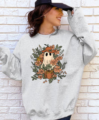 Fall Floral Ghost Graphic Sweatshirt-Floral Ghost Crewneck Sweatshirt. Cute ghost graphic with florals and pumpkins on soft cotton-poly fleece. Cozy unisex sweatshirt for whimsical fall & Halloween style.-Reef Love