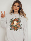 Fall Floral Ghost Graphic Sweatshirt-Floral Ghost Crewneck Sweatshirt. Cute ghost graphic with florals and pumpkins on soft cotton-poly fleece. Cozy unisex sweatshirt for whimsical fall & Halloween style.-Reef Love