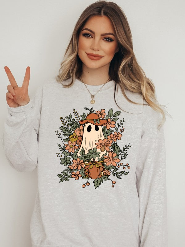 Fall Floral Ghost Graphic Sweatshirt-Floral Ghost Crewneck Sweatshirt. Cute ghost graphic with florals and pumpkins on soft cotton-poly fleece. Cozy unisex sweatshirt for whimsical fall & Halloween style.-Reef Love
