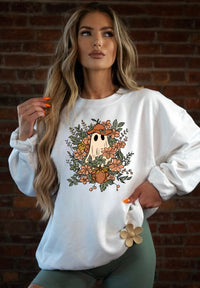 Fall Floral Ghost Graphic Sweatshirt-Floral Ghost Crewneck Sweatshirt. Cute ghost graphic with florals and pumpkins on soft cotton-poly fleece. Cozy unisex sweatshirt for whimsical fall & Halloween style.-Reef Love
