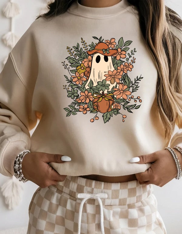 Fall Floral Ghost Graphic Sweatshirt-Floral Ghost Crewneck Sweatshirt. Cute ghost graphic with florals and pumpkins on soft cotton-poly fleece. Cozy unisex sweatshirt for whimsical fall & Halloween style.-Reef Love