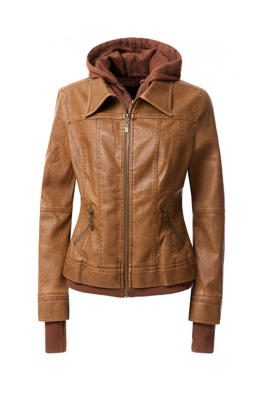 Faux Leather Bomber Jacket with Hood