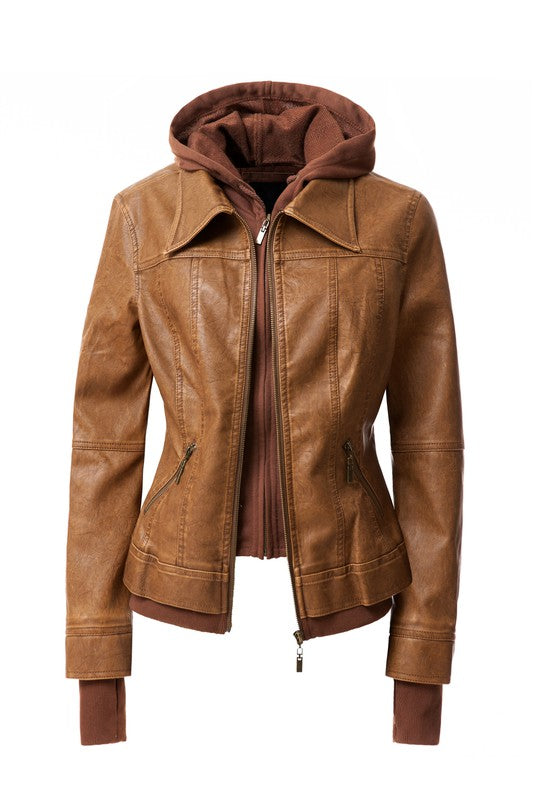 Faux Leather Bomber Jacket with Hood