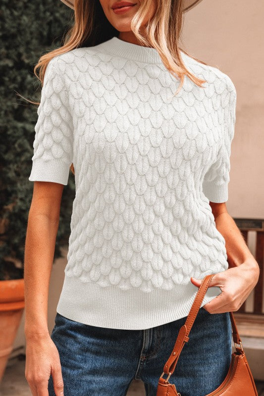 Fish Scale Textured Knit Short Sleeve Sweater- Boho Chic Styles by Reef Love