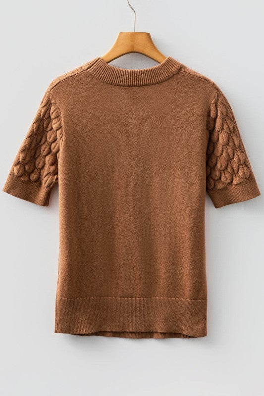 Fish Scale Textured Knit Short Sleeve Sweater- Boho Chic Styles by Reef Love