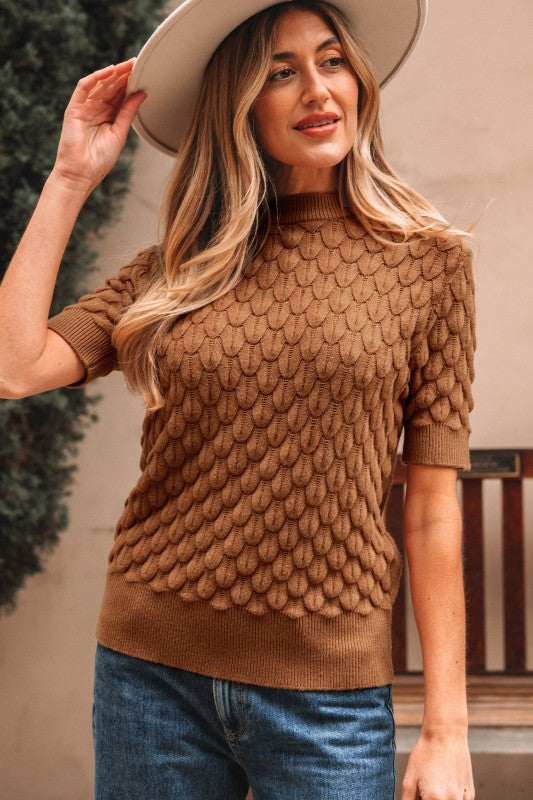 Fish Scale Textured Knit Short Sleeve Sweater- Boho Chic Styles by Reef Love