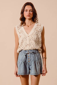 Flared Denim Shorts with Elasticized Waist