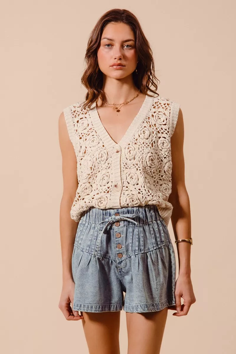 Flared Denim Shorts with Elasticized Waist