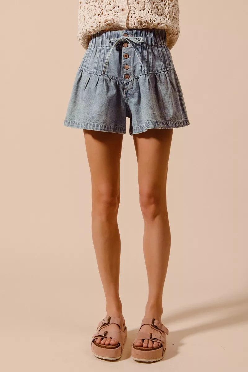 Flared Denim Shorts with Elasticized Waist
