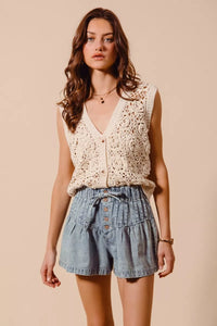 Flared Denim Shorts with Elasticized Waist