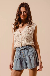 Flared Denim Shorts with Elasticized Waist