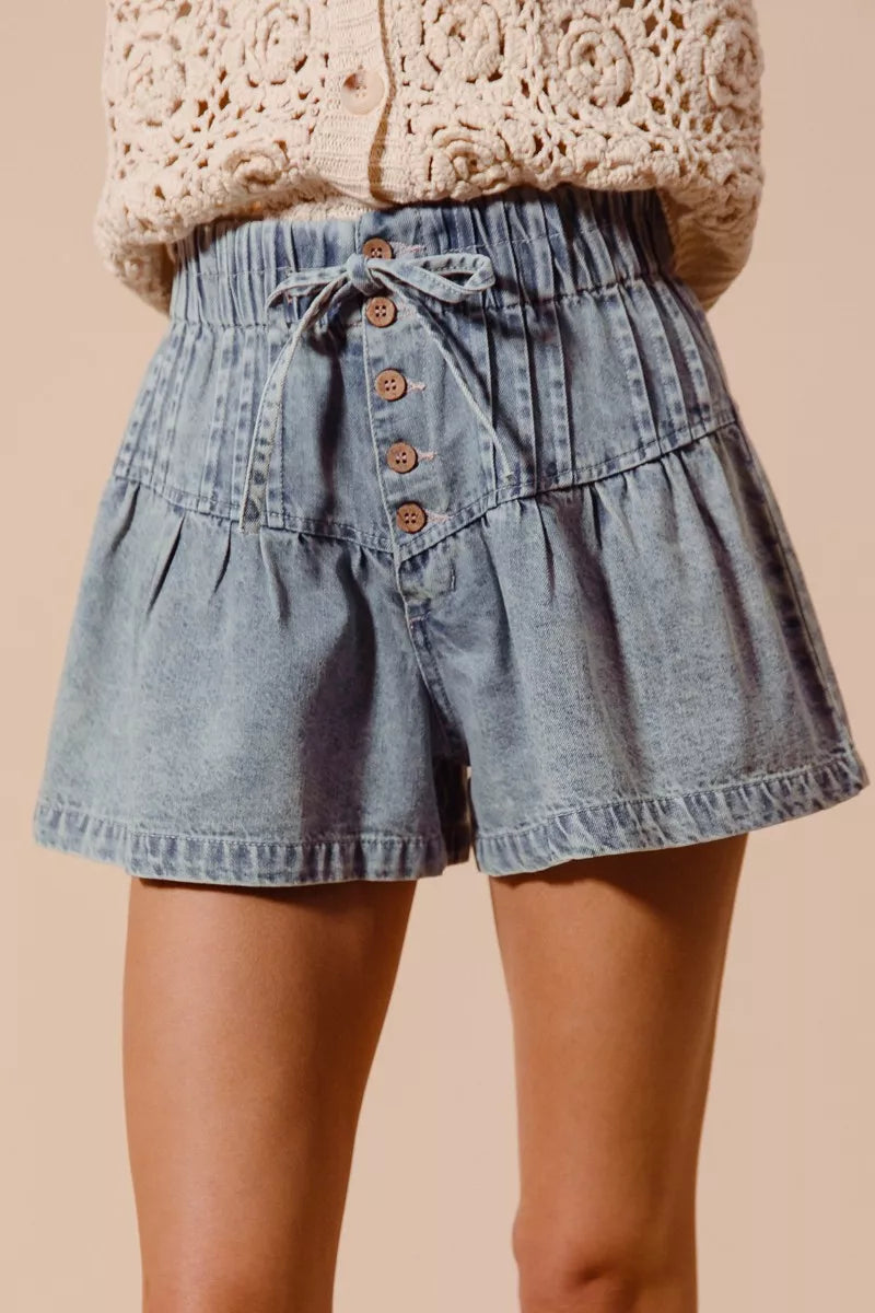 Flared Denim Shorts with Elasticized Waist