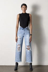 Flip Waist Distressed Straight Leg Jeans-Reef Love