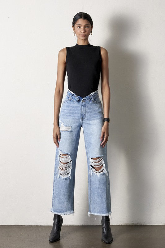 Flip Waist Distressed Straight Leg Jeans-Reef Love