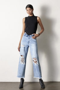 Flip Waist Distressed Straight Leg Jeans-Reef Love