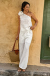 Shop Floral Embellishment Linen Tank Top And Wide Leg Pants Set-Floral Embellishment Linen Tank & Wide Leg Pants Set, featuring a one-shoulder sleeveless tank top accented by delicate floral trim and breezy wide-leg pants.-available at Reef Love online boho-chic boutique