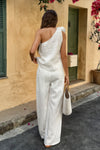Shop Floral Embellishment Linen Tank Top And Wide Leg Pants Set-Floral Embellishment Linen Tank & Wide Leg Pants Set, featuring a one-shoulder sleeveless tank top accented by delicate floral trim and breezy wide-leg pants.-available at Reef Love online boho-chic boutique
