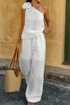 Shop Floral Embellishment Linen Tank Top And Wide Leg Pants Set-Floral Embellishment Linen Tank & Wide Leg Pants Set, featuring a one-shoulder sleeveless tank top accented by delicate floral trim and breezy wide-leg pants.-available at Reef Love online boho-chic boutique