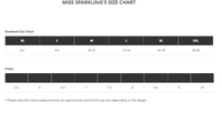 Size chart for 'Miss Sparkling' products with shoe size measurement guide.