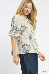 Floral Embroidered Blouse with Ruffle Trim