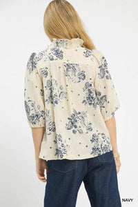 Floral Embroidered Blouse with Ruffle Trim