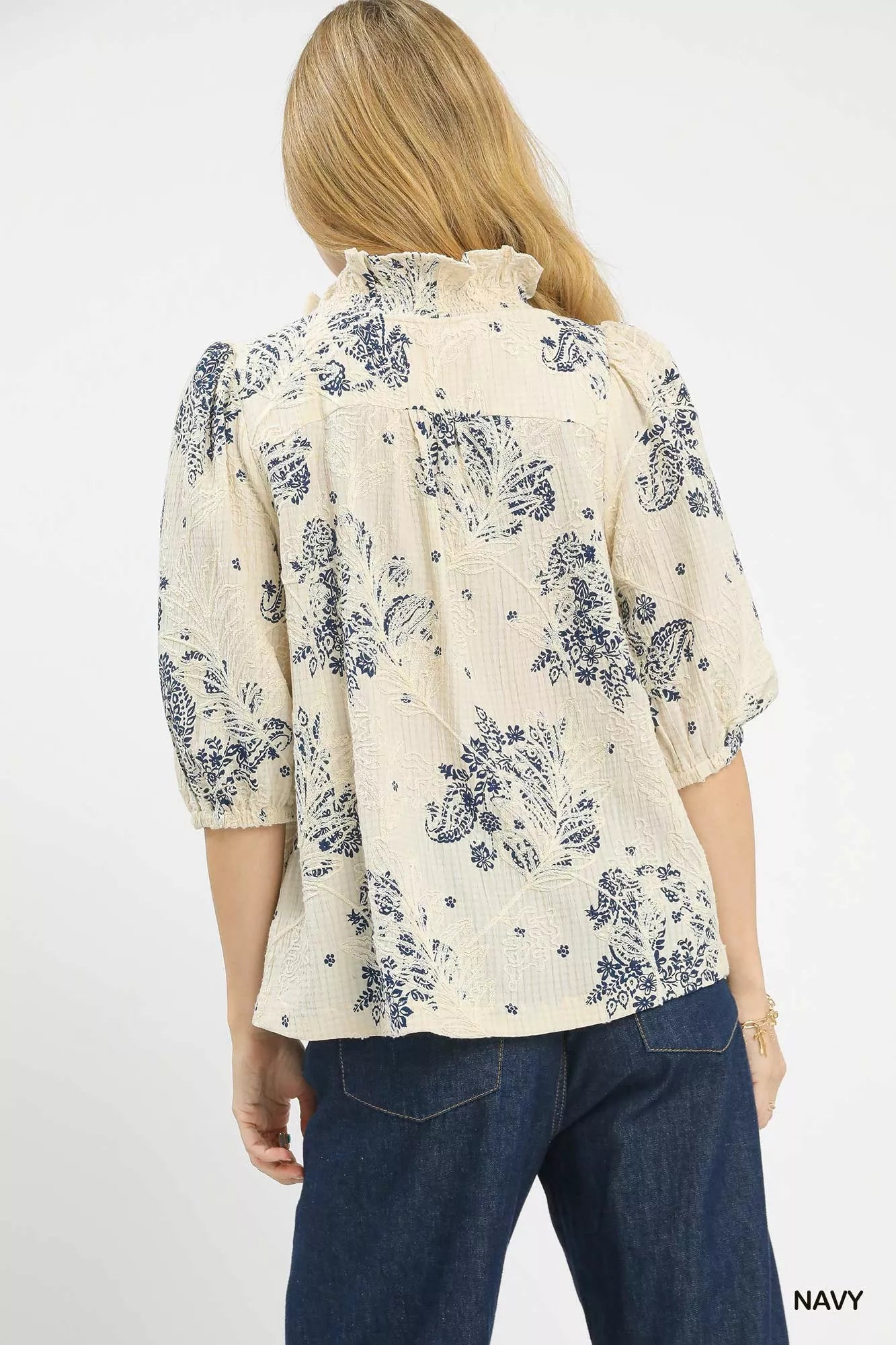 Floral Embroidered Blouse with Ruffle Trim