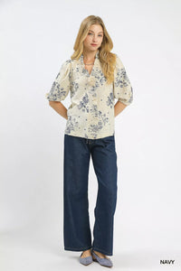 Floral Embroidered Blouse with Ruffle Trim