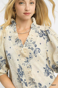 Floral Embroidered Blouse with Ruffle Trim