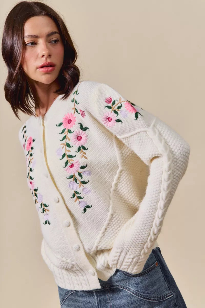 Floral Embroidered Coquette Sweater Cardigan-Reef Love