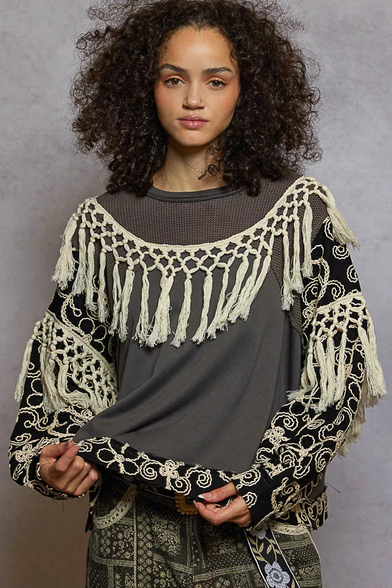 Contrast Floral Embroidery Balloon Sleeve Top with Tassel Trim-Reef Love