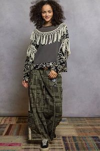 Contrast Floral Embroidery Balloon Sleeve Top with Tassel Trim-Reef Love