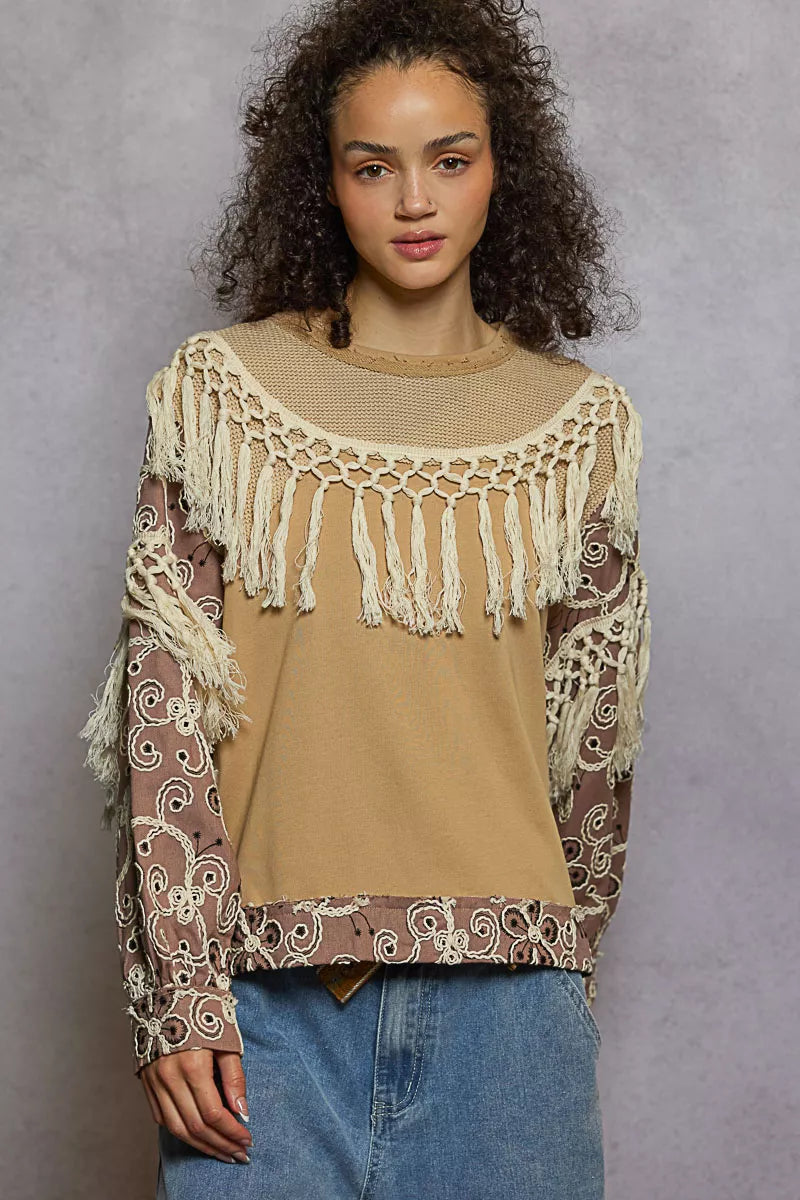Floral Embroidery Balloon Sleeve Top with Tassel Trim, Mocha- Boho Chic Styles by Reef Love