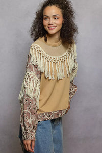 Floral Embroidery Balloon Sleeve Top with Tassel Trim, Mocha- Boho Chic Styles by Reef Love