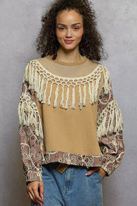 Floral Embroidery Balloon Sleeve Top with Tassel Trim, Mocha- Boho Chic Styles by Reef Love