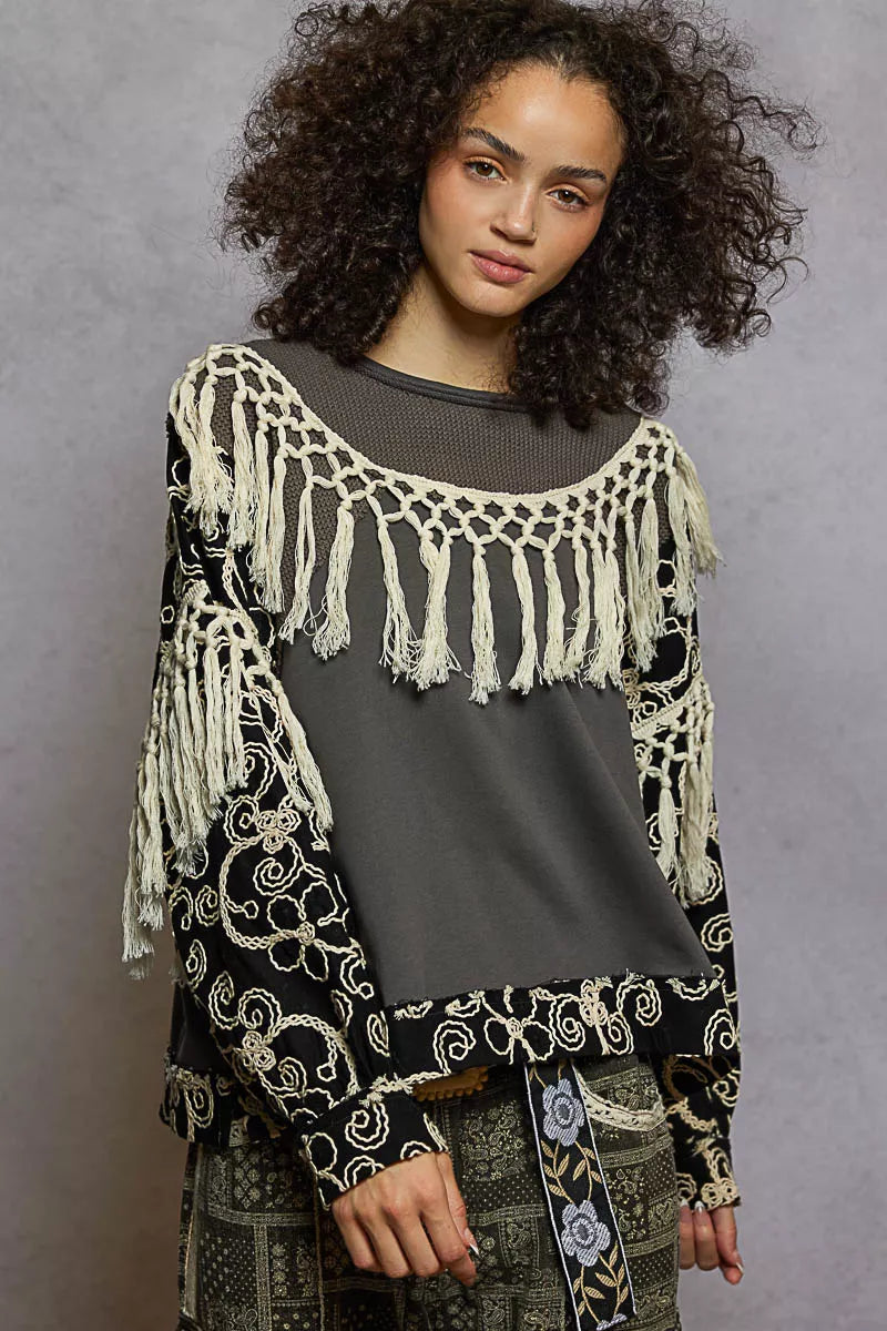 Floral Embroidery Balloon Sleeve Top with Tassel Trim – Reef Love