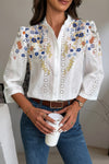 Floral Hollow Out Button Down Long Sleeve Blouse-Blouse-Reef Love-Blue White-S-Reef Love