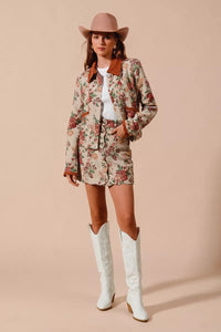 Floral Jacquard Button Front Mini Skirt-Floral Jacquard Button Front Mini Skirt with scalloped hem. Chic, textured design with pockets for a versatile and feminine look. Perfect fall transition staple.-Reef Love