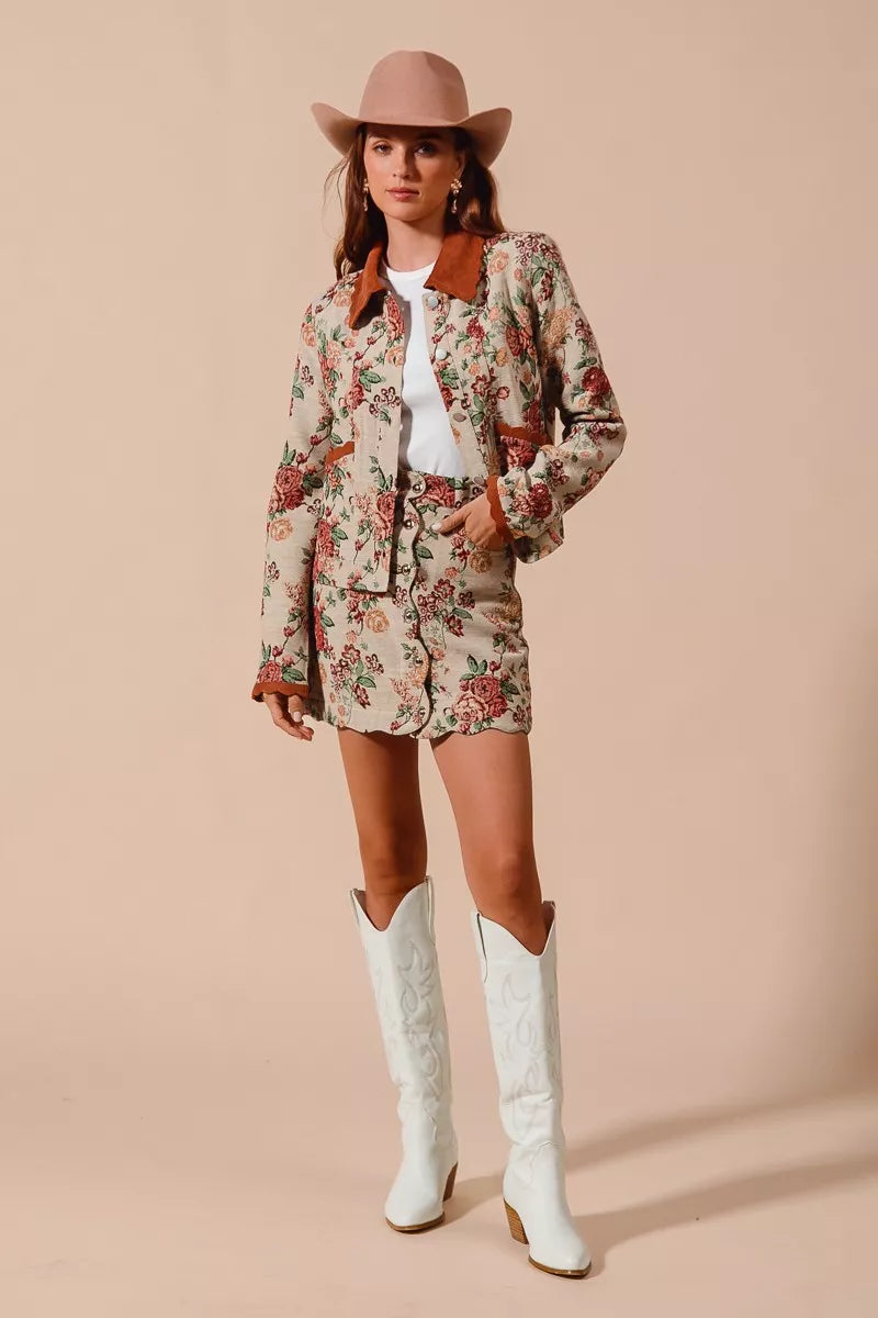 Floral Jacquard Button Front Mini Skirt-Floral Jacquard Button Front Mini Skirt with scalloped hem. Chic, textured design with pockets for a versatile and feminine look. Perfect fall transition staple.-Reef Love