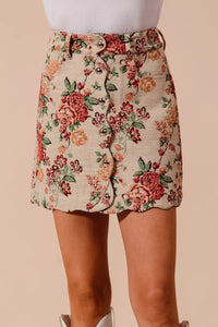 Floral Jacquard Button Front Mini Skirt-Floral Jacquard Button Front Mini Skirt with scalloped hem. Chic, textured design with pockets for a versatile and feminine look. Perfect fall transition staple.-Reef Love