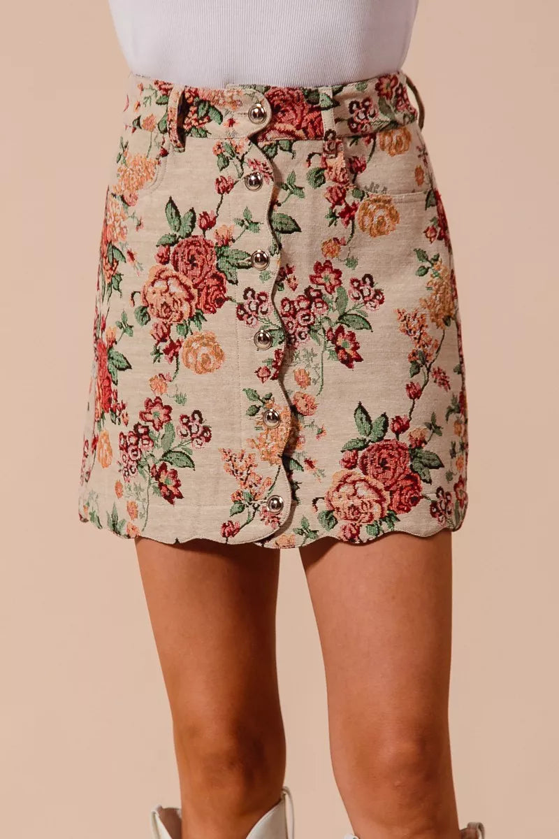 Floral Jacquard Button Front Mini Skirt-Floral Jacquard Button Front Mini Skirt with scalloped hem. Chic, textured design with pockets for a versatile and feminine look. Perfect fall transition staple.-Reef Love