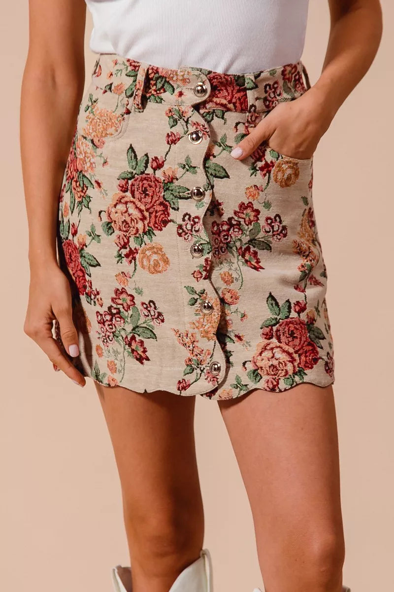 Floral Jacquard Button Front Mini Skirt-Floral Jacquard Button Front Mini Skirt with scalloped hem. Chic, textured design with pockets for a versatile and feminine look. Perfect fall transition staple.-Reef Love