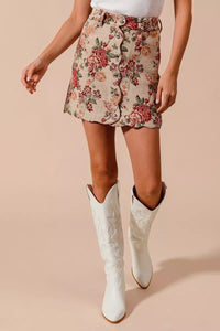 Floral Jacquard Button Front Mini Skirt-Floral Jacquard Button Front Mini Skirt with scalloped hem. Chic, textured design with pockets for a versatile and feminine look. Perfect fall transition staple.-Reef Love
